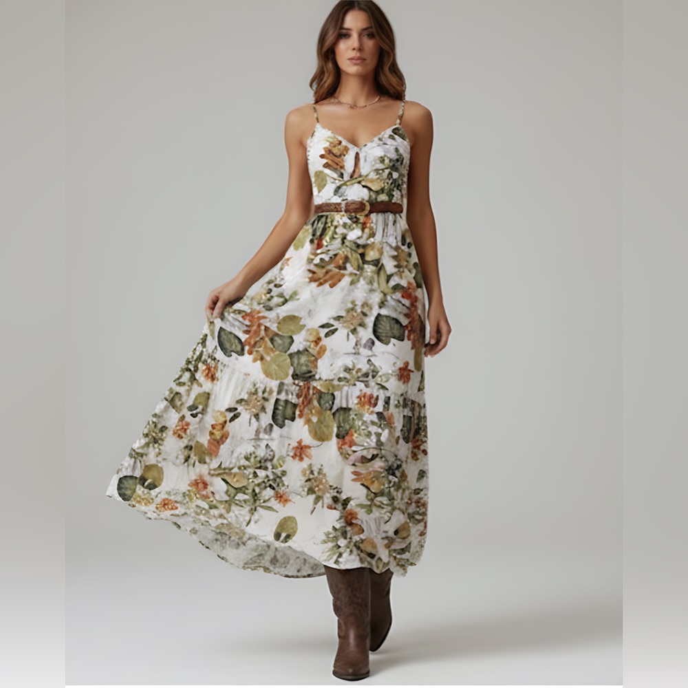 Boho Plant Printed Ruffle Hem Spaghetti Strap Dress Maxi